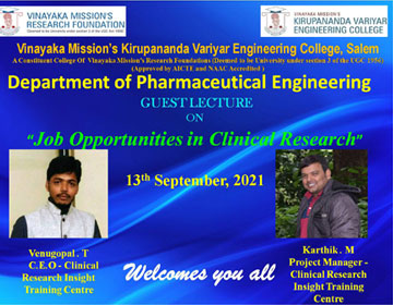 Guest Lecture on Job Opportunities In Clinical Research, organized by Dept. of Pharmaceutical Engineering, on 13 Nov 2021