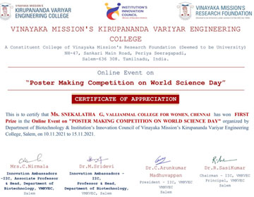 Online Poster Presentation and Content Writing Programme on World Science Day, organized by the Dept. of Biotechnology, on 10 Nov 2021