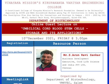 Online Guest Lecture on Umbilical Cord Blood Stem Cells - Storage and its Applications, organized by the Dept. of Biotechnology, on 10 Dec 2021