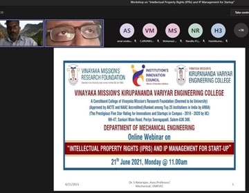 Online Webinar titled Intellectual Property Rights and IP Management for Startup, organised by Dept. of Mechanical Engineering, on 21 Jun 2021