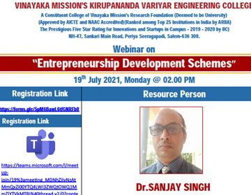 Online Webinar titled Entrepreneurship Development Schemes, organised by Dept. of Mechanical Engineering, on 19 Jul 2021