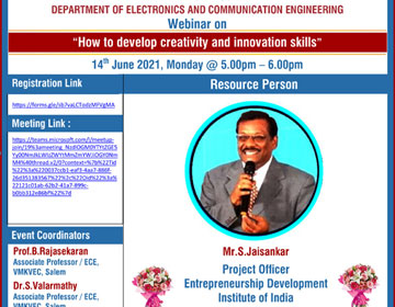 Online Webinar on Methods to Develop Creativity and Innovation Skills, organised by Dept. of ECE, on 14 Jun 2021