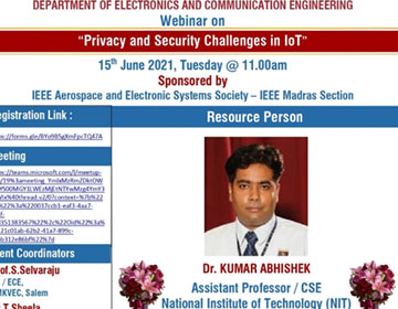 National Webinar on Privacy and Security Challenges in IoT, organised by Dept. of ECE, on 15 Jun 2021